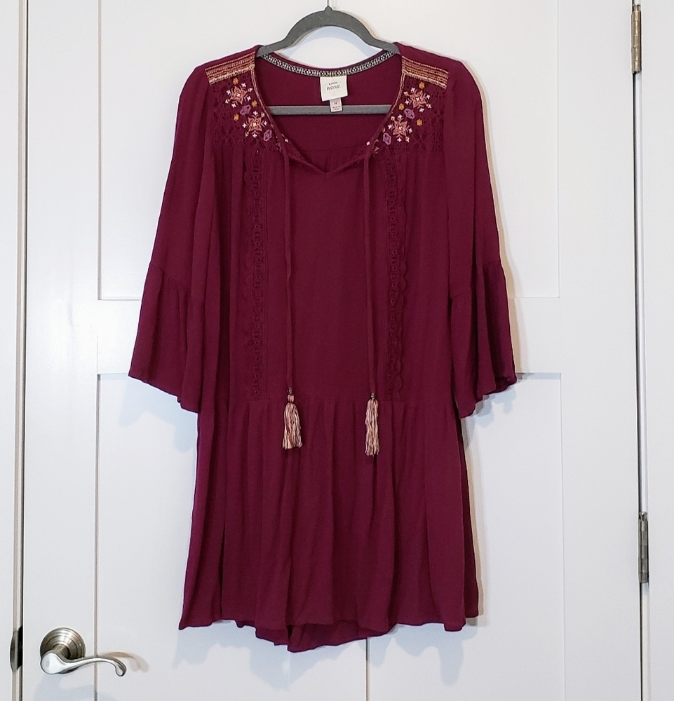 Boho Embroidered Tunic Dress in Burgundy - Knox Rose